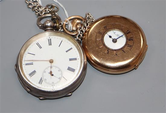 A gold plated half hunter pocket watch and a silver face pocket watch and chain.